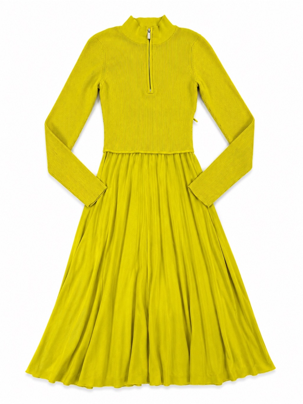 Karen Millen Zip Turtle Neck Pleated Skirt Dress Chartreuse XS